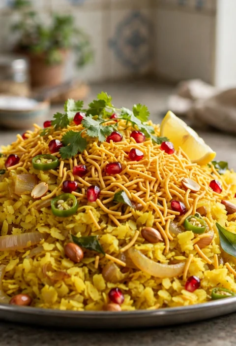 Poha – fluffy golden kanda poha with sev and lemon