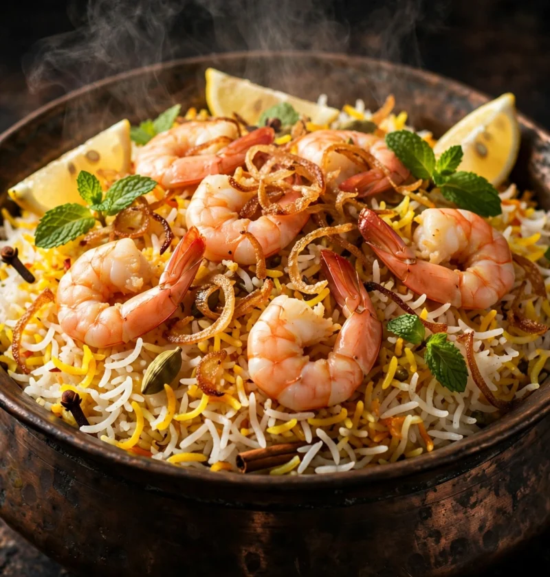 Prawn biryani – prawns on saffron layered rice