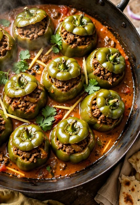 Qeema Bharay Mirch – stuffed capsicums with spicy beef keema in tomato gravy