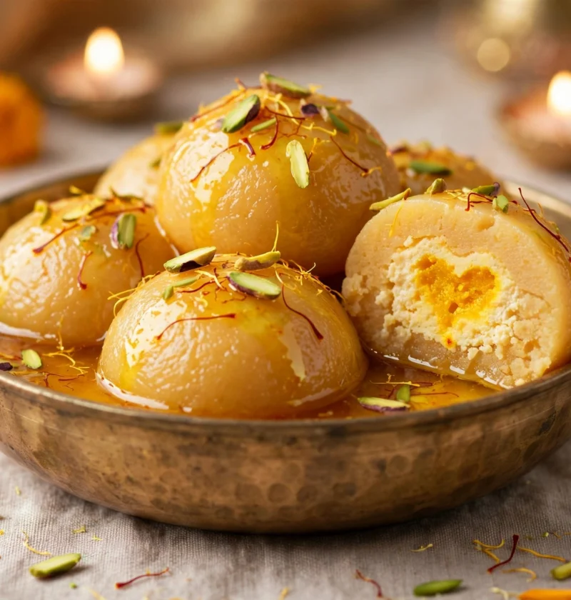 Rajbhog – stuffed chhena sweets in saffron syrup
