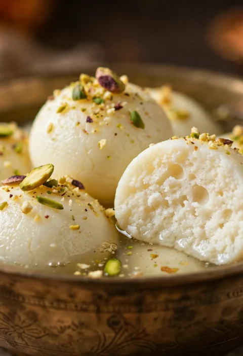 Rasgulla – soft spongy white balls in light syrup