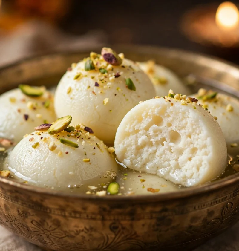 Rasgulla – soft spongy white balls in light syrup