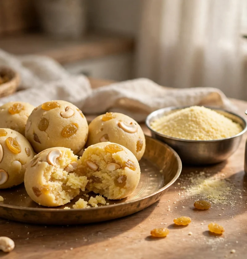 Rava ladoo recipe – pale golden semolina ladoos with raisins and cashews on a brass plate, one broken open
