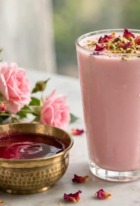 Rose lassi recipe – blush-pink rose lassi with dried rose petals and pistachios on a marble table