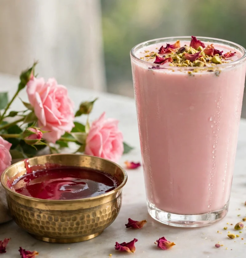 Rose lassi recipe – blush-pink rose lassi with dried rose petals and pistachios on a marble table