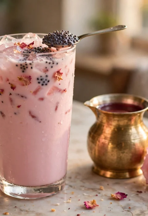 Rose milk recipe – a tall glass of pastel-pink rose milk with sabja seeds and rose petals, a small jug of rose syrup beside it