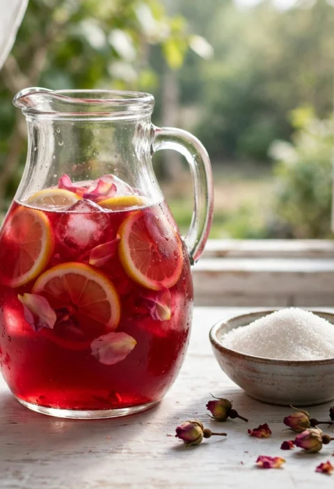 Rose sharbat recipe – ruby-red rose sharbat jug with ice, lemon and rose petals