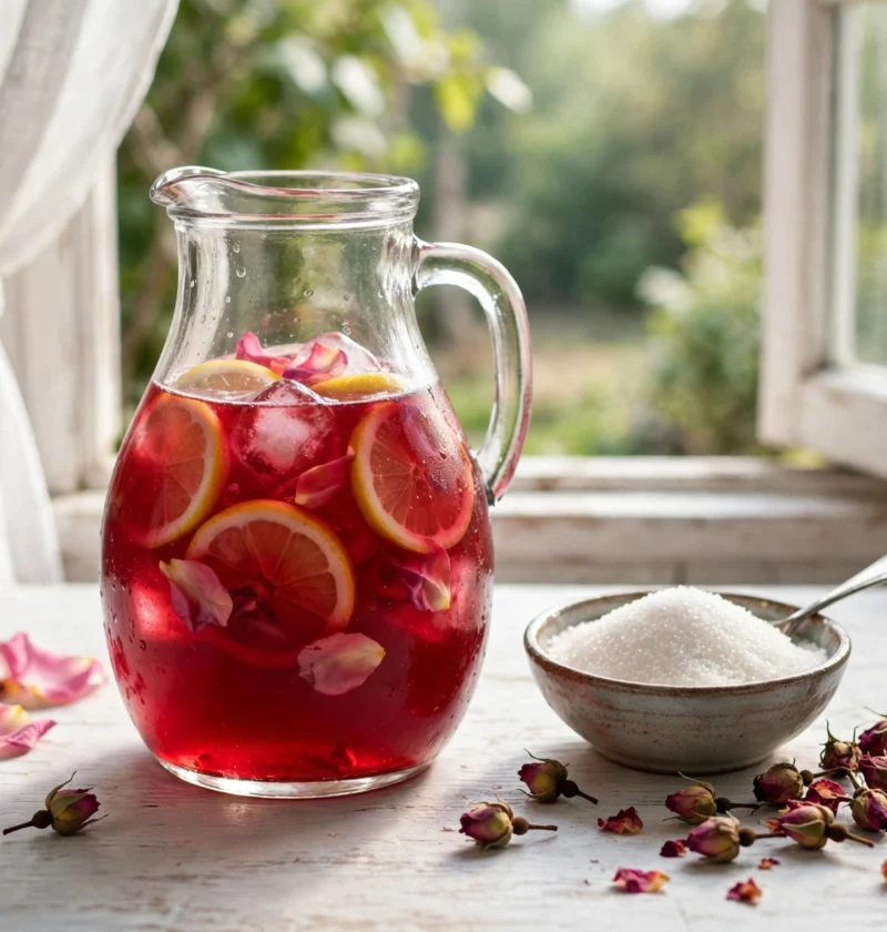 Rose sharbat recipe – ruby-red rose sharbat jug with ice, lemon and rose petals