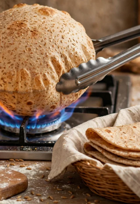 Roti – puffed whole wheat phulka over flame