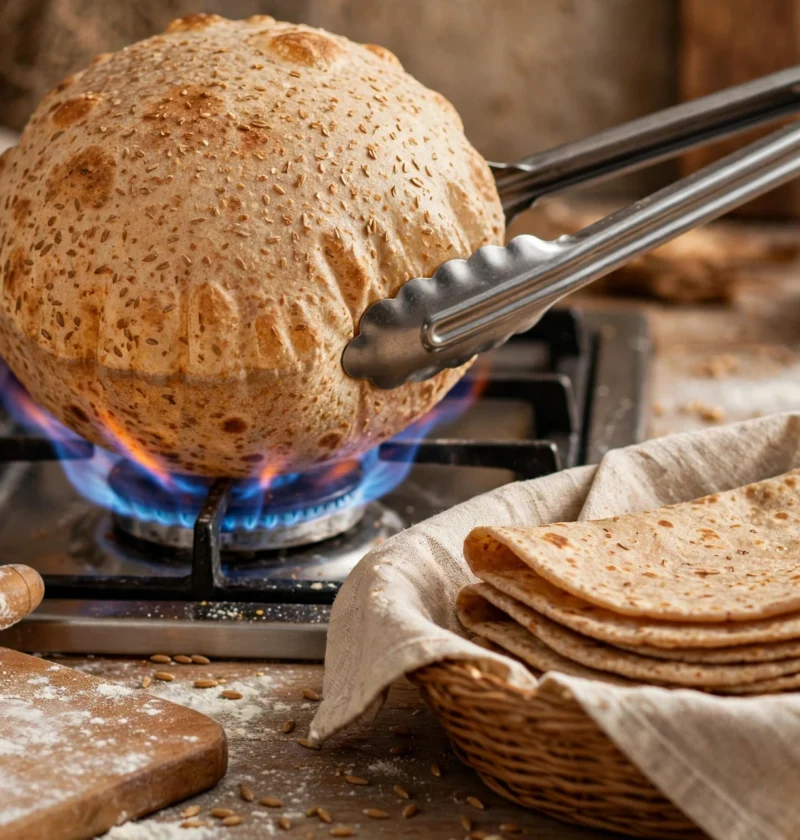 Roti – puffed whole wheat phulka over flame