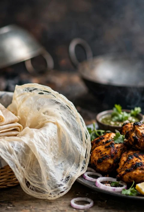 Rumali roti recipe – handkerchief-thin rumali rotis folded in a cloth-lined basket beside chicken tikka and seekh kababs with lemon wedges