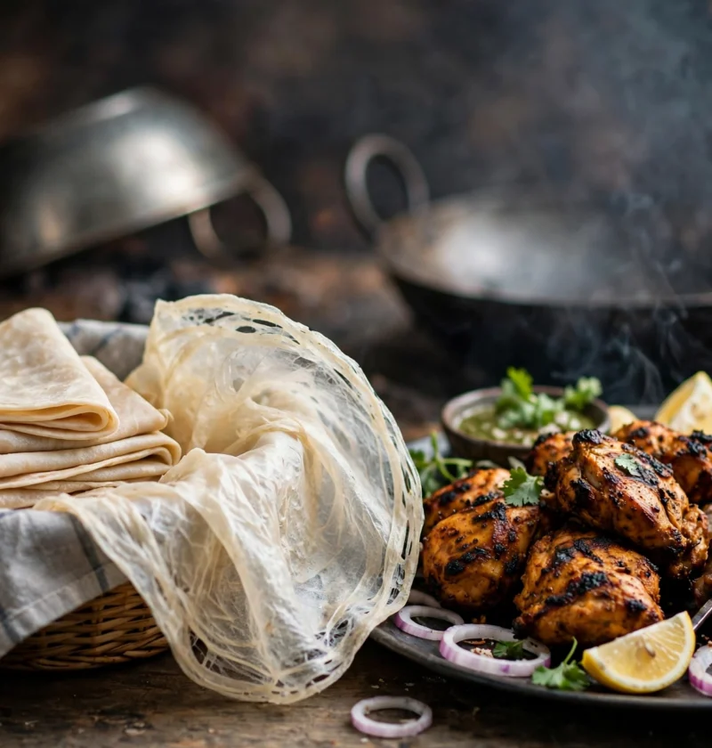 Rumali roti recipe – handkerchief-thin rumali rotis folded in a cloth-lined basket beside chicken tikka and seekh kababs with lemon wedges