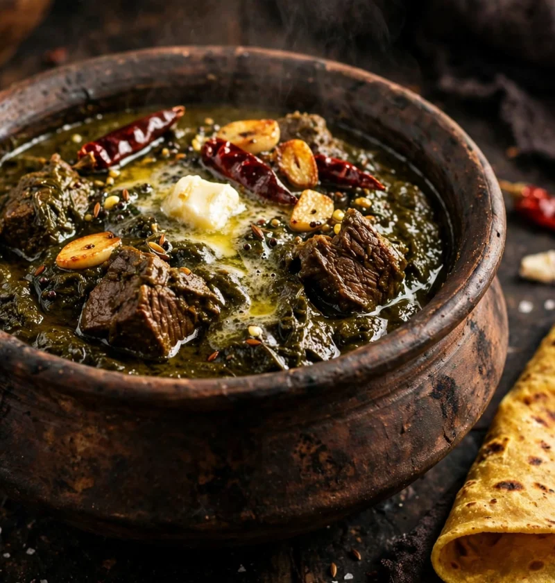 Saag gosht – beef braised in silky mustard greens