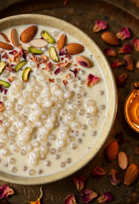 Sabudana kheer recipe – creamy sago kheer in a bowl with pistachios, almonds and rose petals on a brass tray