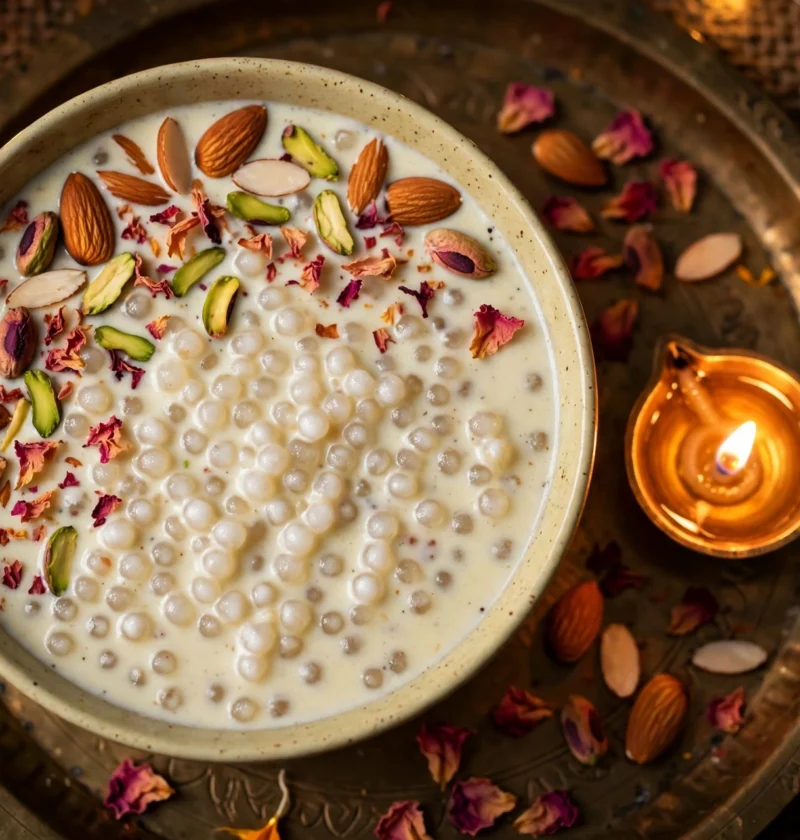 Sabudana kheer recipe – creamy sago kheer in a bowl with pistachios, almonds and rose petals on a brass tray