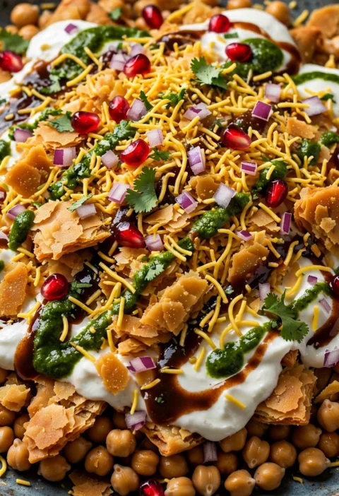Samosa chaat – loaded plate with chutneys and sev