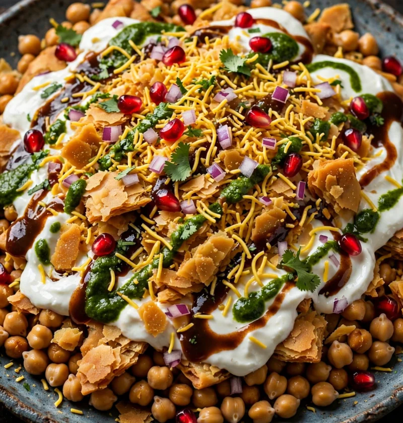 Samosa chaat – loaded plate with chutneys and sev