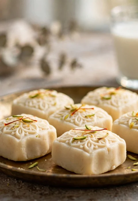Sandesh – fresh chhena sweets with saffron and pistachio