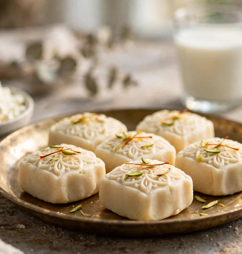 Sandesh – fresh chhena sweets with saffron and pistachio