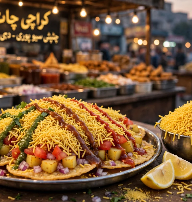 Sev Puri – crisp papdi chaat with sev topping