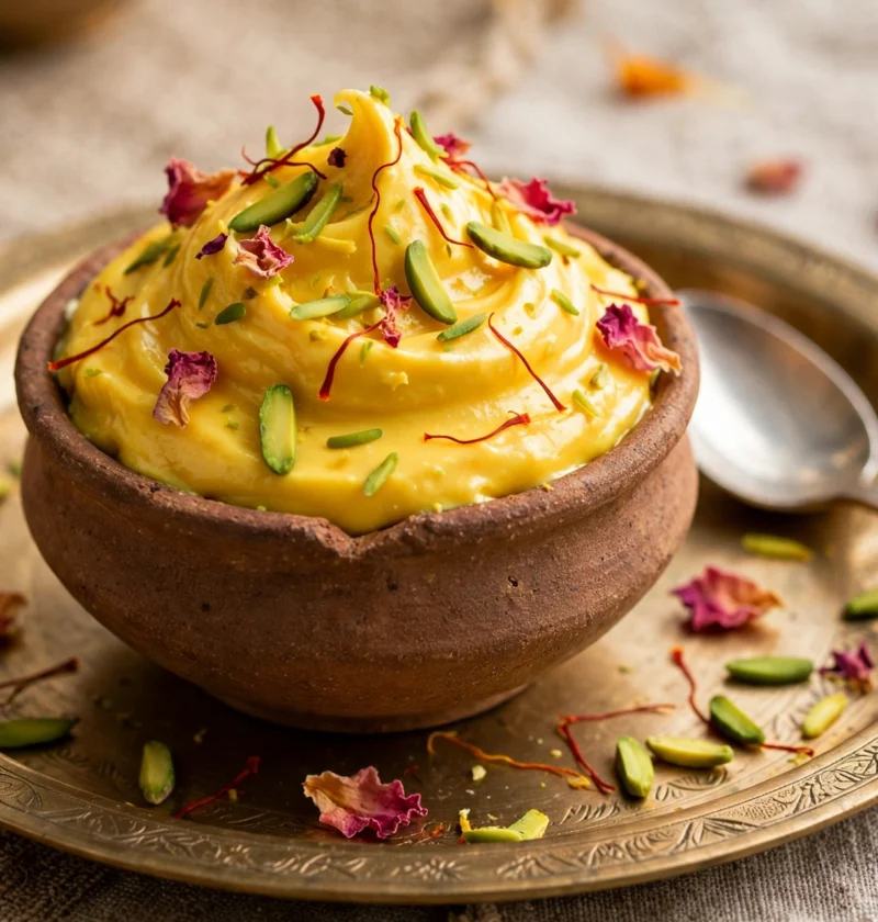 Shrikhand – saffron hung-curd dessert with pistachio