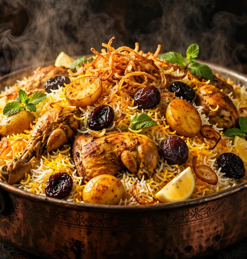 Sindhi biryani – fiery layered rice with chicken potatoes and plums