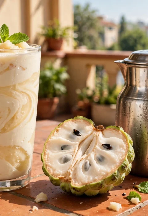 Sitaphal shake recipe – thick custard apple shake with halved sitaphal and milk jug