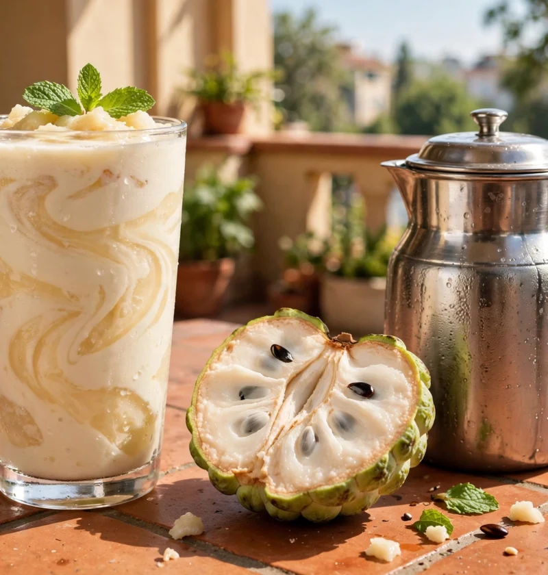 Sitaphal shake recipe – thick custard apple shake with halved sitaphal and milk jug