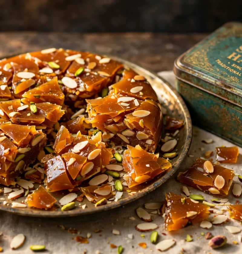 Sohan Halwa – amber disc cracked into shards with nuts
