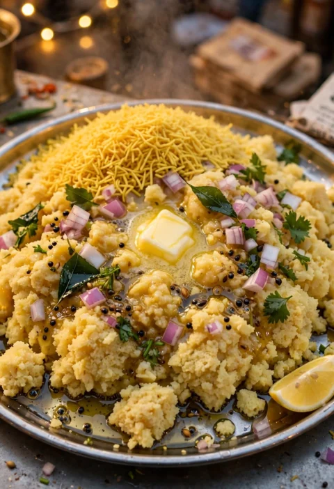 Surti Locho – steamed besan heap with sev and butter