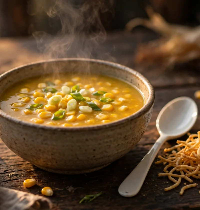 Sweet corn soup recipe – golden corn soup with kernels, spring onions and crispy noodles