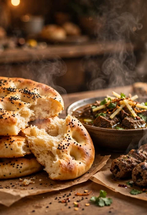 Taftan recipe – golden dimpled taftan breads dotted with kalonji seeds, one torn open, beside beef nihari and seekh kebabs
