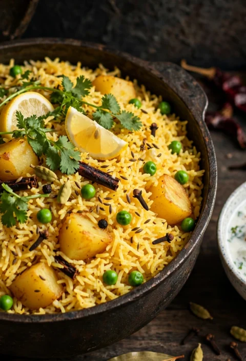 Tahiri – golden one-pot potato rice with peas