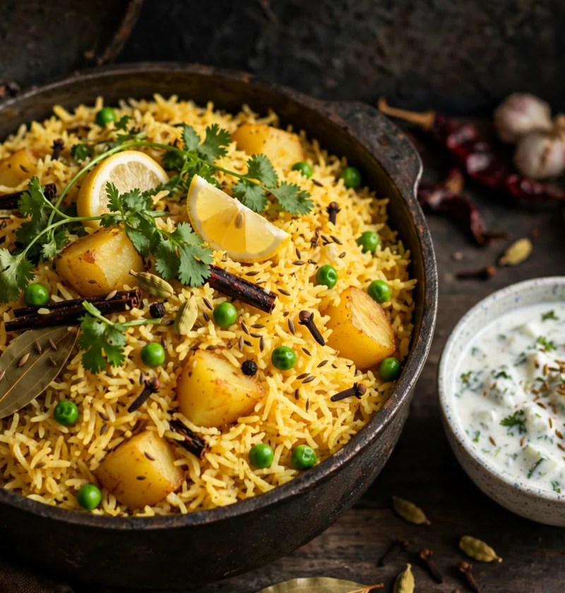 Tahiri – golden one-pot potato rice with peas
