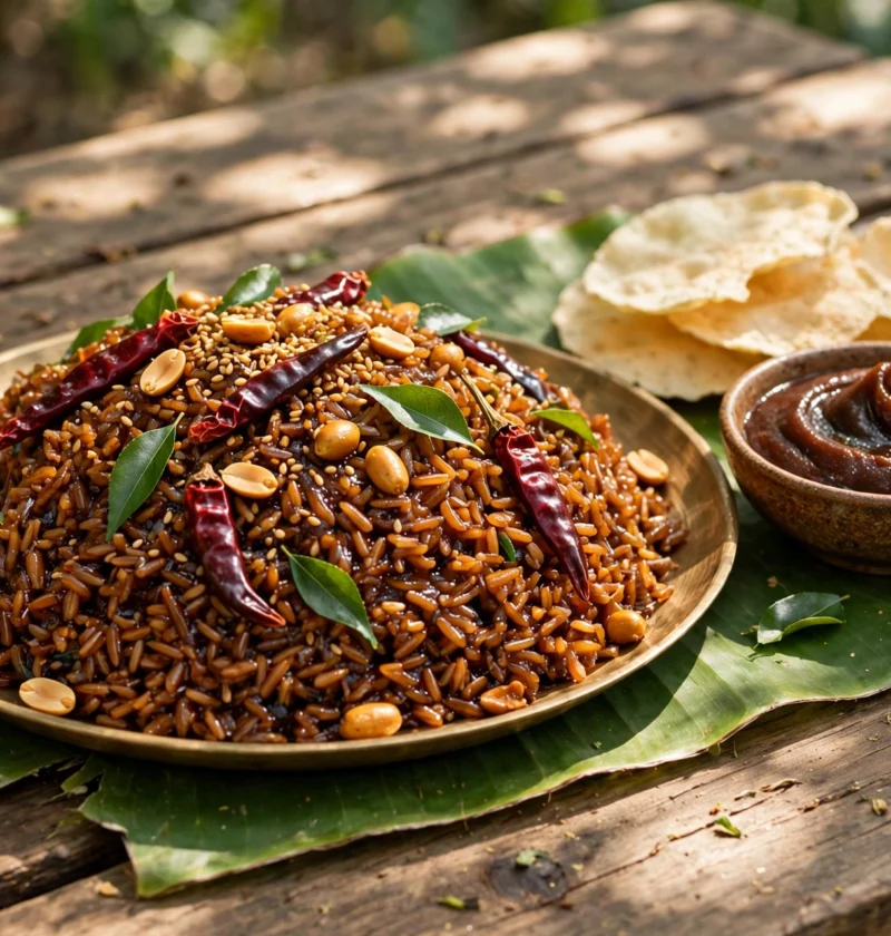 Tamarind rice recipe – dark amber tamarind rice with peanuts, sesame seeds, dried chilies and curry leaves on a brass plate with papads