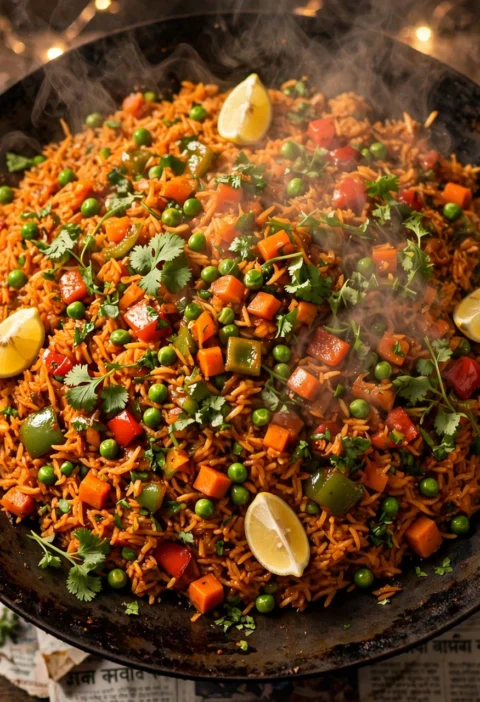 Tawa pulao recipe – smoky Mumbai tawa pulao on an iron griddle with peas, peppers and lemon wedges