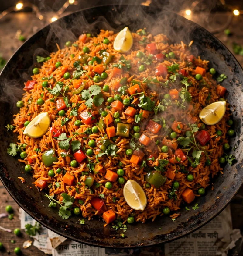 Tawa pulao recipe – smoky Mumbai tawa pulao on an iron griddle with peas, peppers and lemon wedges