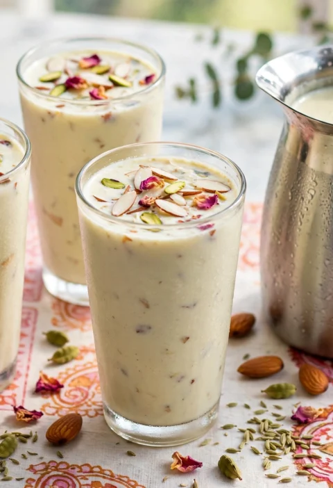 Thandai – chilled spiced milk with almond and rose