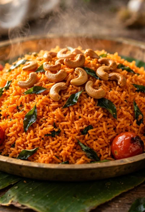 Tomato rice recipe – vivid orange tomato rice with curry leaves, cashews and roasted tomatoes on a brass platter