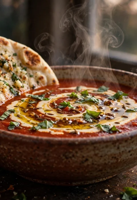 Tomato soup recipe – roasted tomato soup with a cream swirl and cumin tadka in a rustic bowl with garlic naan