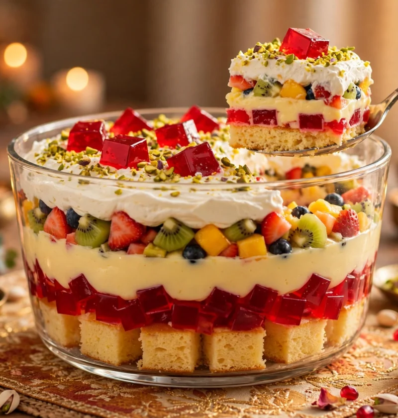 Trifle – layered cake, jelly, custard and cream dessert bowl