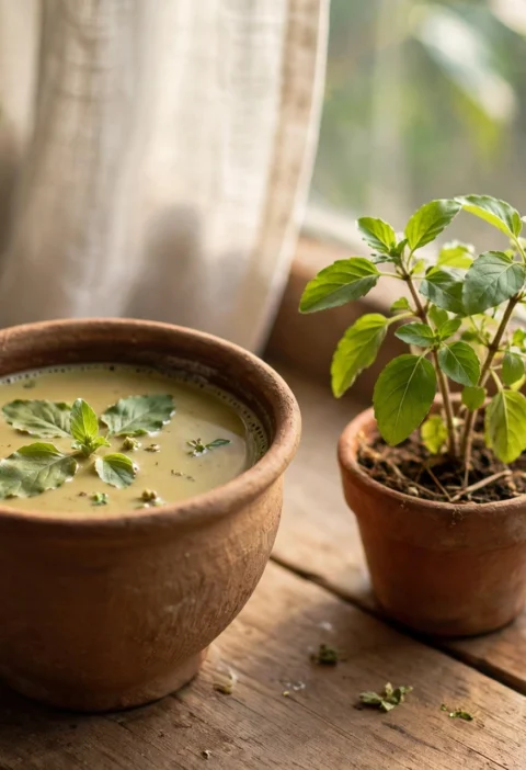 Tulsi chai recipe – green-gold tulsi chai in a clay kulhad with basil leaves