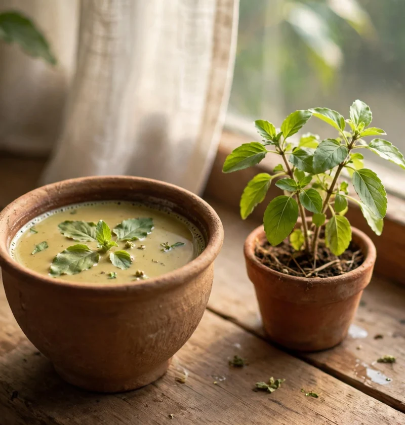 Tulsi chai recipe – green-gold tulsi chai in a clay kulhad with basil leaves