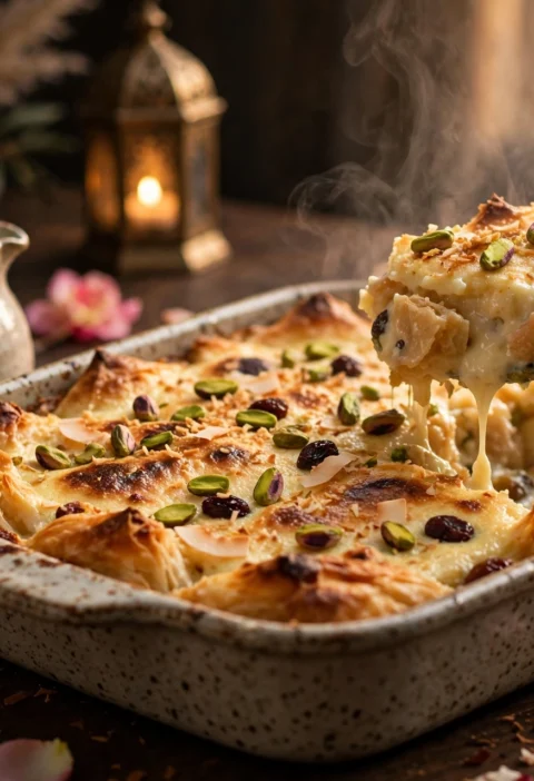 Umm ali recipe – baked puff pastry pudding with a broiled cream top, pistachios, raisins and coconut in a ceramic dish