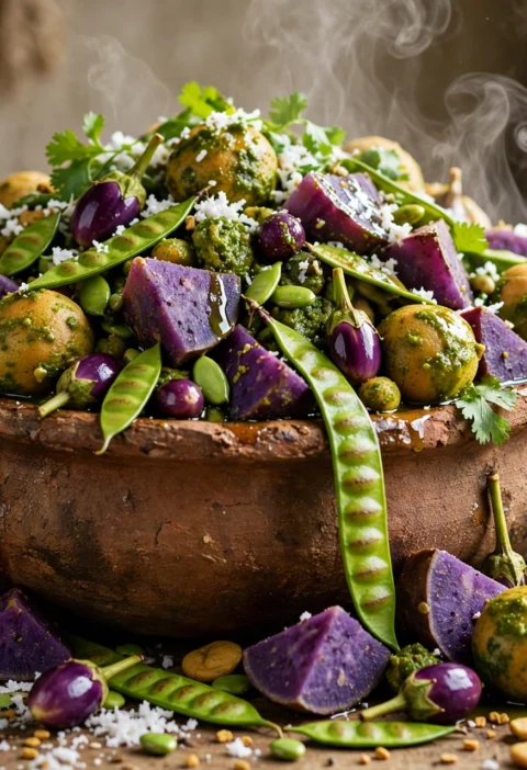 Undhiyu – winter vegetables with methi muthia in green masala