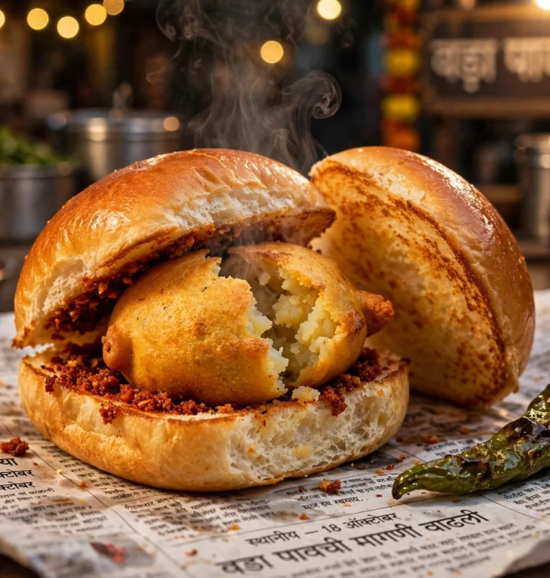 Vada Pav – crisp potato vada in a buttered pav with garlic chutney
