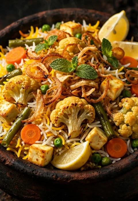 Vegetable biryani – colorful layered rice with paneer
