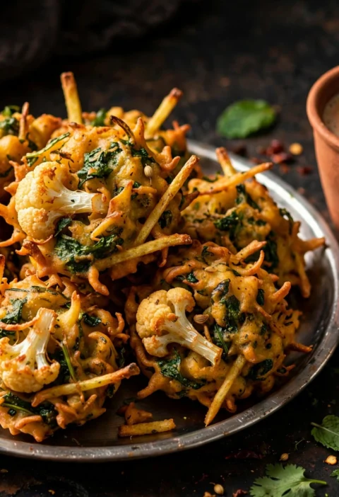 Vegetable pakora – golden mixed veg fritters with mint chutney