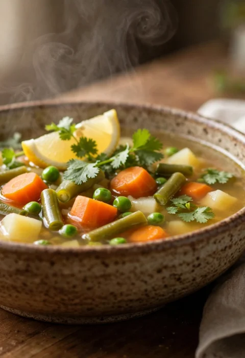 Vegetable soup recipe – clear golden vegetable soup with chunky carrots, beans, peas and potato in a rustic bowl
