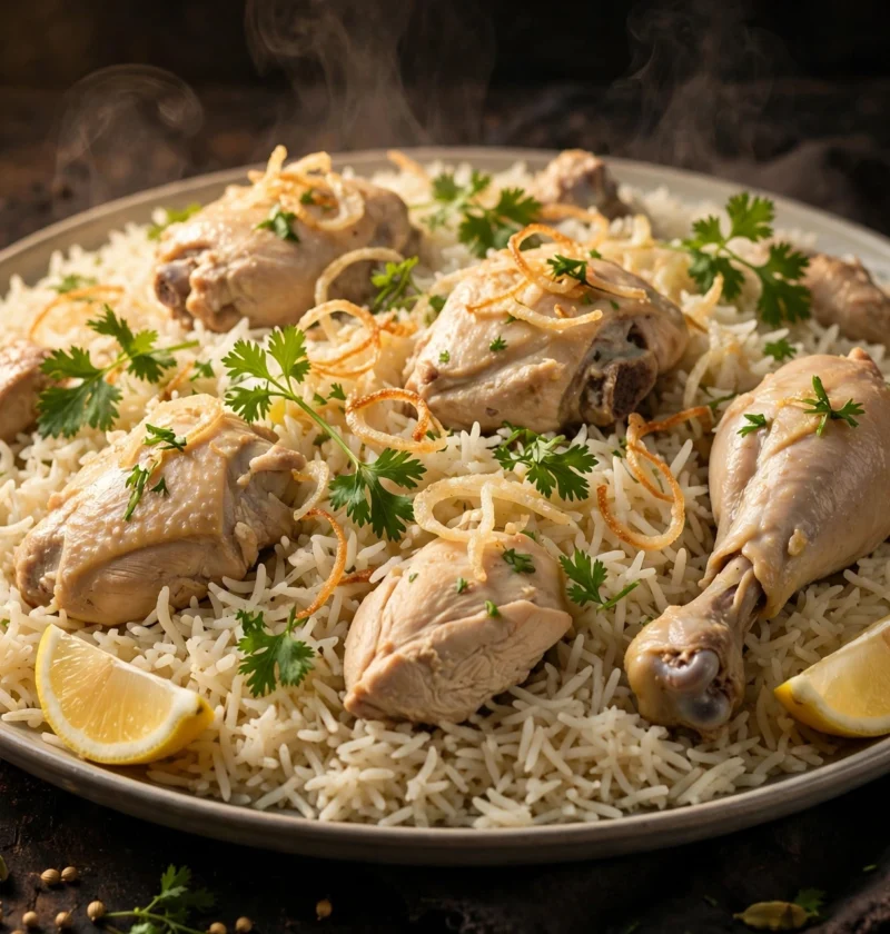 Yakhni pulao – ivory basmati rice with chicken and fried onions